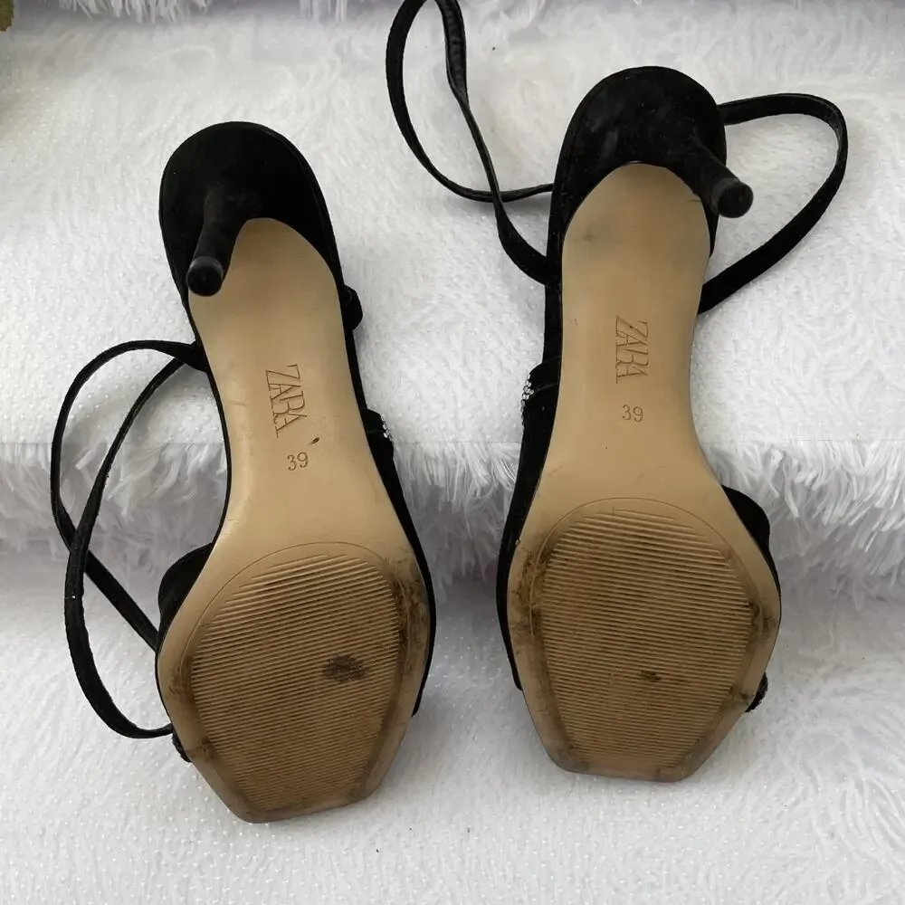 ZARA Black Rhinestone Square Toe Slingback Stiletto Heels EU 39 Women’s - Picture 8 of 8